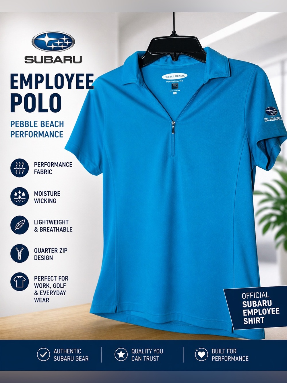 Subaru Employee Polo Pebble Beach Performance Blue Zip Golf Shirt Small